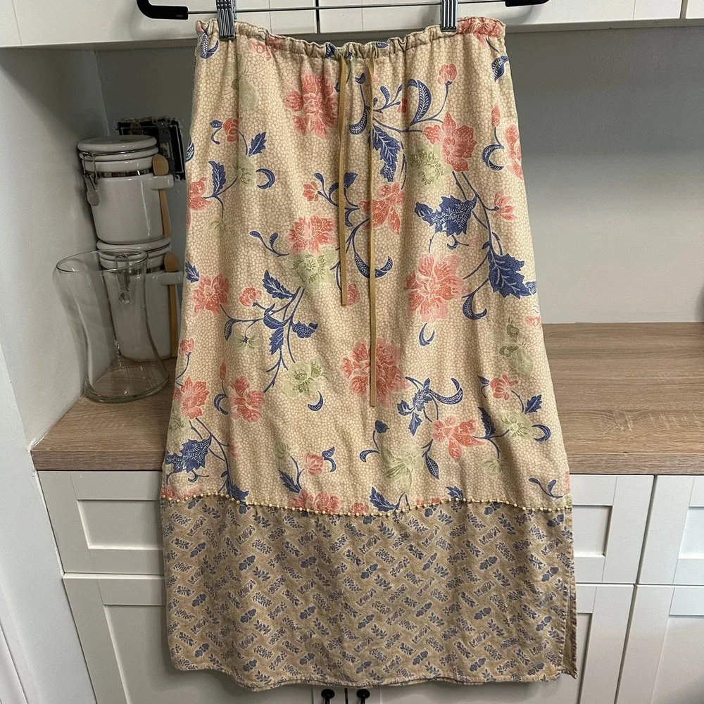 Cottagecore Linen Rayon Maxi Skirt Womens 4P Tan Floral Beaded Beach Vacation